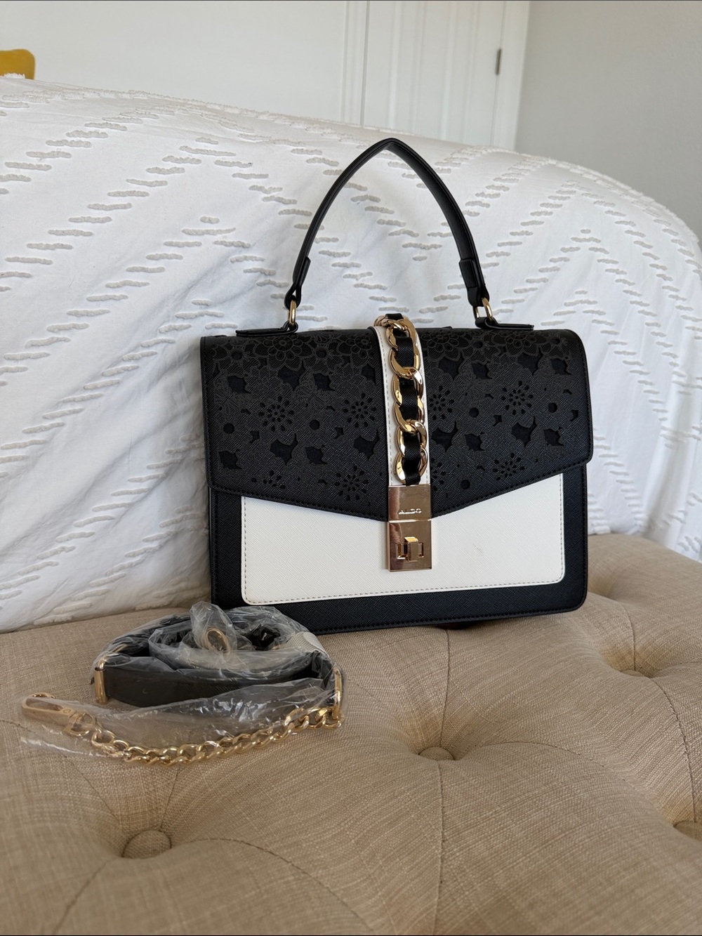 Aldo Black and White Top-Handle Satchel with Gold Chain